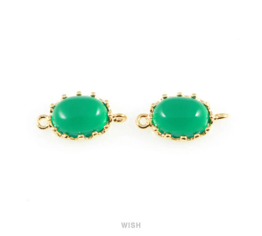 Emerald Oval Glass Connectors in Gold, Framed Glass Gem / GEMG-020-P