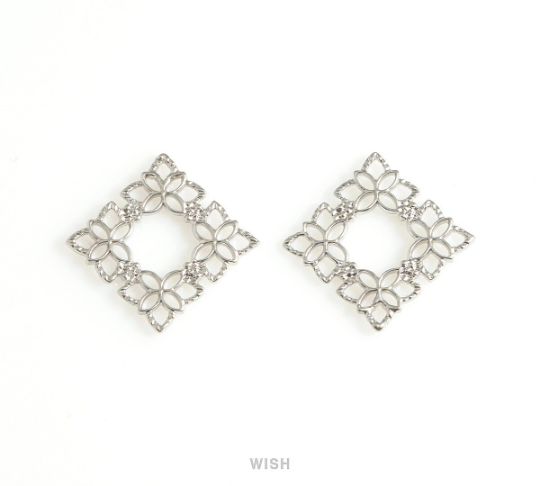 Floral Open Square Charm in Matte Rhodium, Flower Square Pendant / MMRH-688-P