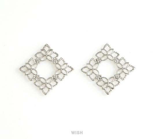 Floral Open Square Charm in Matte Rhodium, Flower Square Pendant / MMRH-688-P