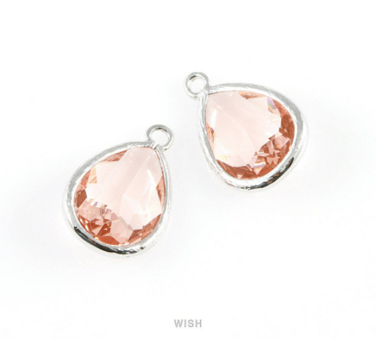 Peach Teardrop Glass Charm in Rhodium, Framed Drop Glass Gem / GPCRH-005-P