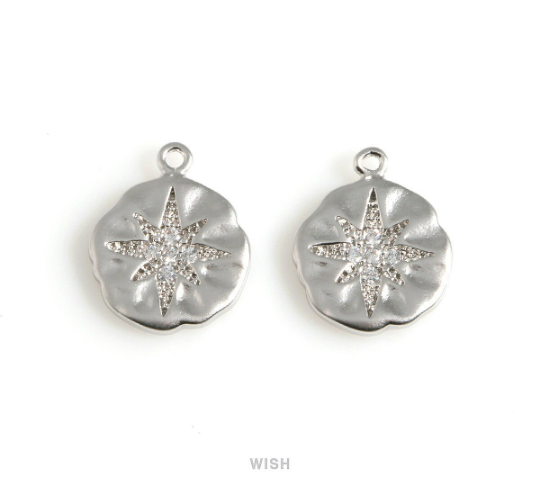 CZ North Star on Hammered Disc in Rhodium, CZ Polaris on Coin / CRH-077-P