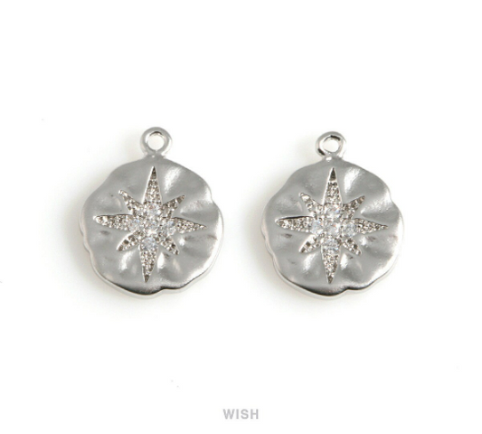 CZ North Star on Hammered Disc in Rhodium, CZ Polaris on Coin / CRH-077-P