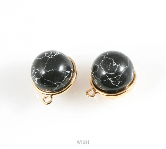 Black Marble Ball Stone Charm in Gold, Gemstone Framed Pendant / SBMG-046-P
