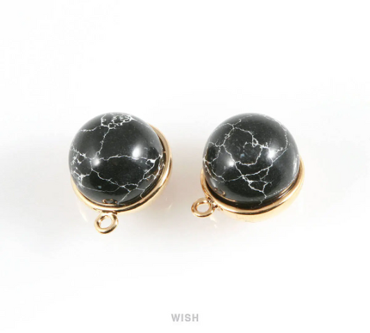 Black Marble Ball Stone Charm in Gold, Gemstone Framed Pendant / SBMG-046-P
