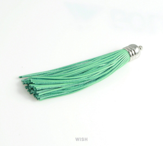 Mint Leather Tassel with Bell Cap in Rhodium, Mint Cowhide Tassel / LMTRH-006-T (1 piece)