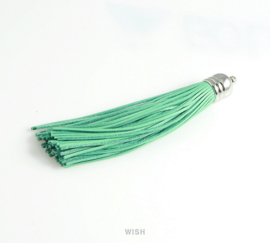 Mint Leather Tassel with Bell Cap in Rhodium, Mint Cowhide Tassel / LMTRH-006-T (1 piece)