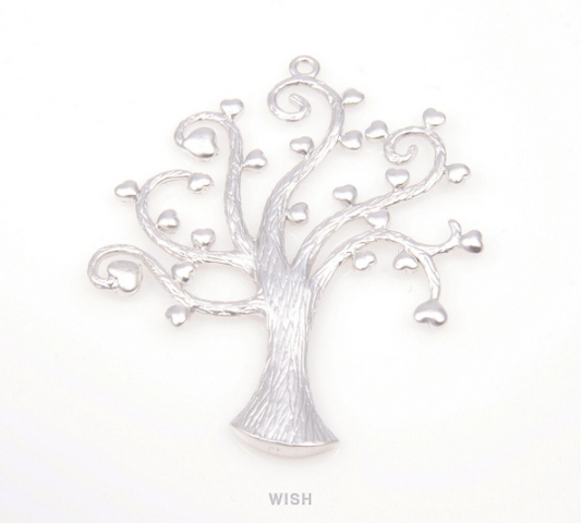 Heart Leaves Tree Pendants in Matte Rhodium, Family Tree Charms / MMRH-087-P