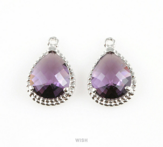 Amethyst Teardrop Glass Charm in Rhodium, Framed Drop Glass Gem / GTZRH-006-P