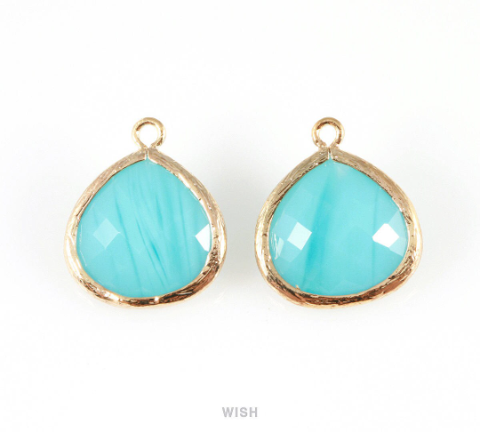 Sky Blue Faceted Glass Charm in Gold, Framed Drop Glass Bead / GSBG-001-P
