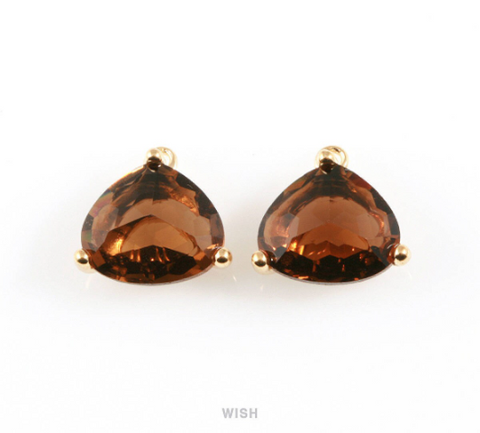 Smoky Quartz Pear Shape Glass Charm in Gold, Framed Pendant / GSQG-042-P