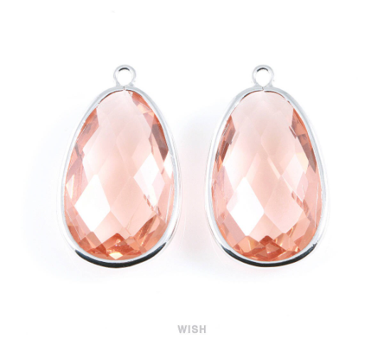 Peach Oval Glass Charm in Rhodium, Glass Framed Pendant / GPCRH-045-P