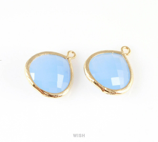 Ice Blue Faceted Glass Charm in Gold, Framed Drop Glass Bead /GIBG-001-P (Large)