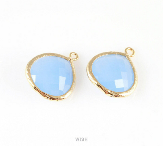 Ice Blue Faceted Glass Charm in Gold, Framed Drop Glass Bead /GIBG-001-P (Large)