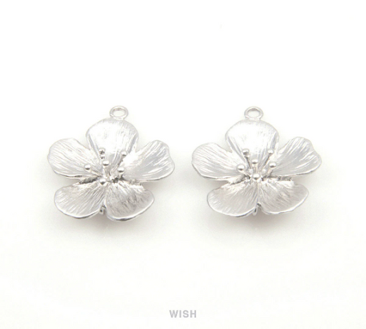 Plum Blossom Pendant in Matte Rhodium, Five Petal Flower Charm / MMRH-195-P
