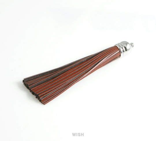 Chestnut Brown Leather Tassel with Bell Cap in Rhodium, Chocolate Cowhide Tassel / LCBRH-006-T (1 piece)