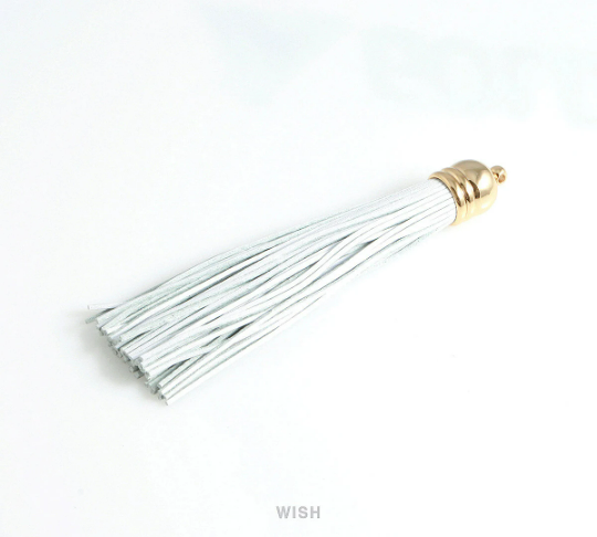 White Leather Tassel with Bell Cap in Gold, White Cowhide Tassel / LWTG-006-T (1 piece)