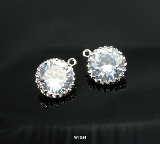 Round Cubic Zirconia Pendants in Rhodium, Round Cubic Gems Charms / CRH-008-P
