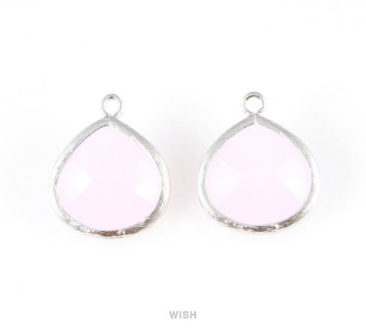 Rose Quartz Faceted Glass Charm in Matte Rhodium, Framed Glass Bead / GRQMRH-001-P (Large)