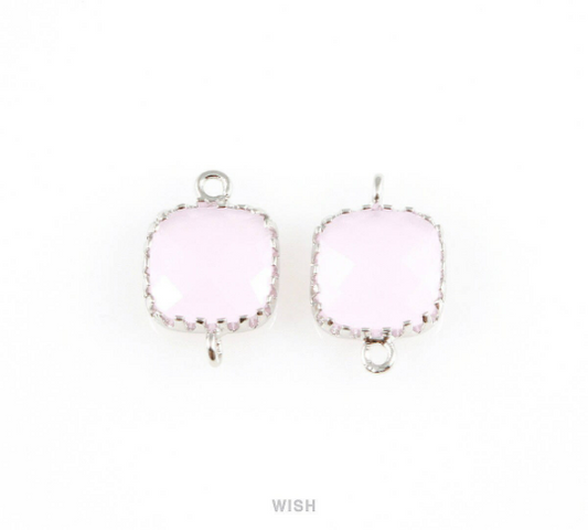 Rose Quartz Faceted Glass Connector in Rhodium, Framed Square Connector/ GRQRH-007-P