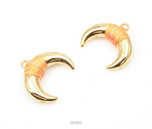 Metal Horn Pendant in Gold with Orange Strap, 16k Gold Bull's Horn Charm/ MORG-004-P (Large)