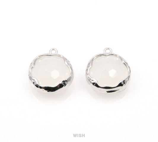 White Alabster Faceted Glass Charms in Rhodium, Framed Round Pendant / GWARH-090-P