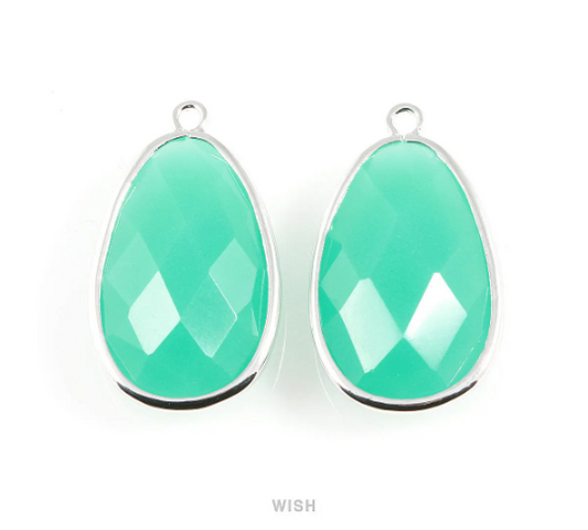 Mint Oval Glass Charm in Rhodium, Glass Framed Pendant / GMTRH-045-P
