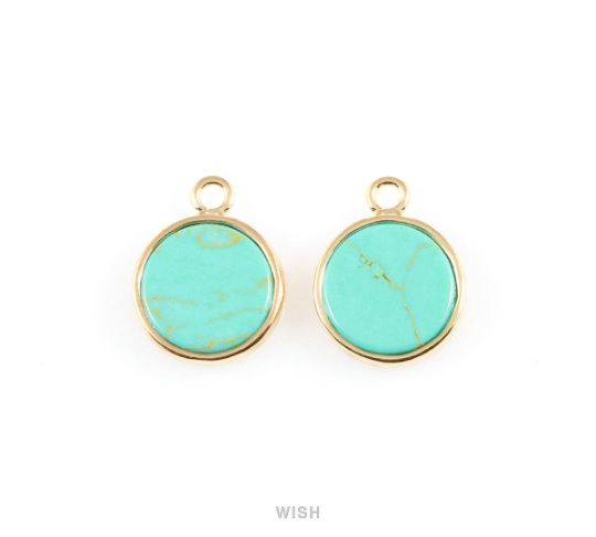 Turquoise Round Stone Charm in Gold, Gemstone Framed Pendant / STQG-058-P