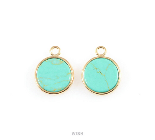 Turquoise Round Stone Charm in Gold, Gemstone Framed Pendant / STQG-058-P