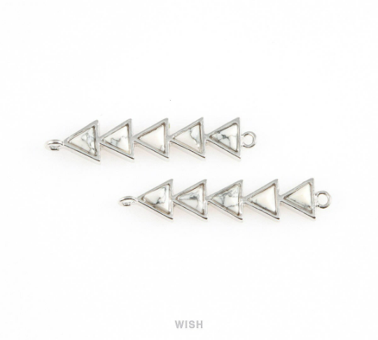 Howlite Triangle Bar Stone Charm in Rhodium, Gemstone Framed Pendant /SHTRH-047-P