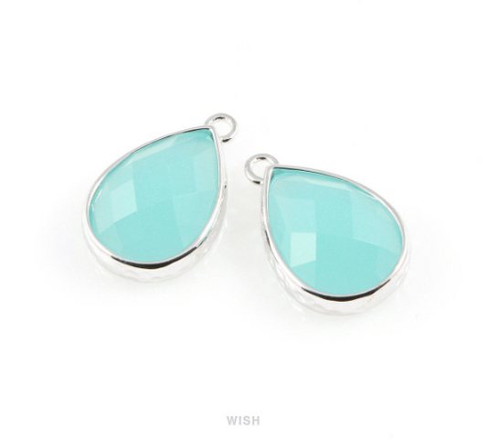 Ocean Blue Teardrop Glass Charm in Rhodium, Framed Drop Glass Gem / GOBRH-037-P