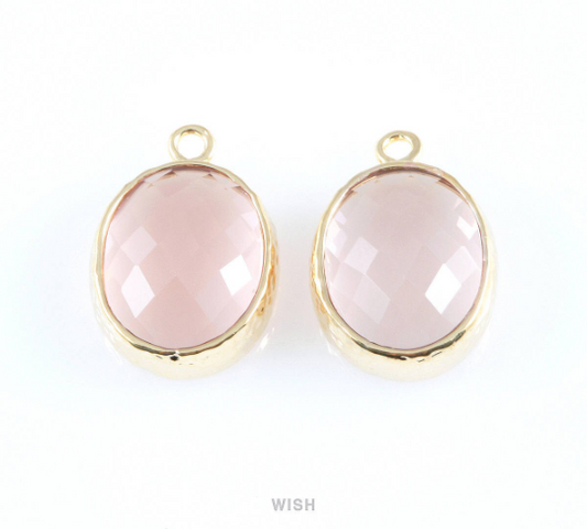 Peach Faceted Glass Charms in Gold, Framed Oval Pendant / GPCG-009-P