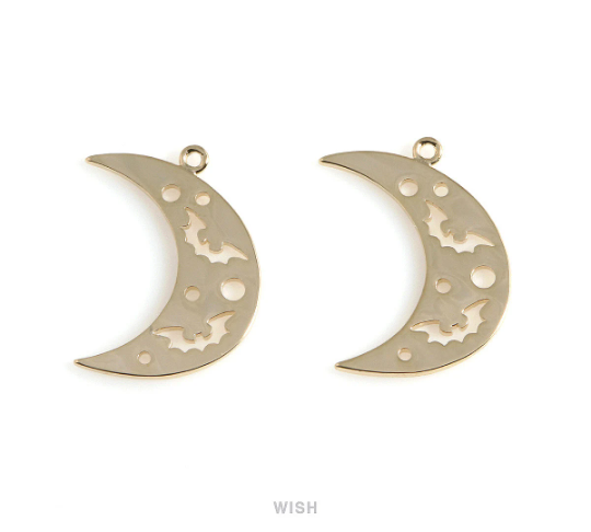 Bats in Crescent Pendant in Gold, Bats and Crescent Charm / MG-484-P