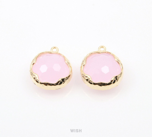 Rose Quartz Faceted Glass Charms in Gold, Framed Round Pendant / GRQG-090-P (Small)