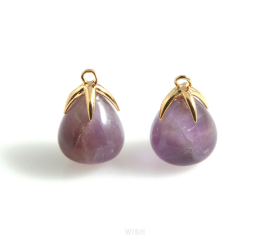 Amethyst Teardrop Gemstone Charm in Gold, Amethyst Gemstone Pendant / STZG-105-P