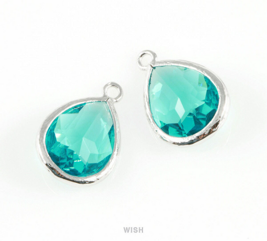 Blue Zircon Teardrop Glass Charm in Rhodium, Framed Drop Glass Gem / GBZRH-005-P