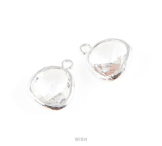 Clear Faceted Glass Charm in Rhodium, Framed Drop Glass Gem / GCLRH-004-P (Medium)