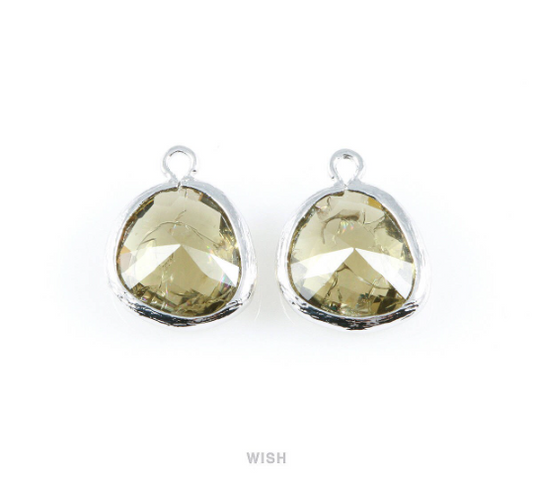 Olivine Sparkle Glass Charm in Rhodium, Framed Drop Glass Bead / GOVRH-013-P