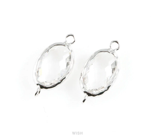 Clear Oval Hammered Connector in Rhodium, Framed Oval Connector / GCLRH-038-C
