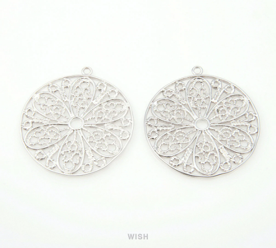 Floral Pattern in Circle Pendants in Matte Rhodium, Flower Charms / MMRH-141-P