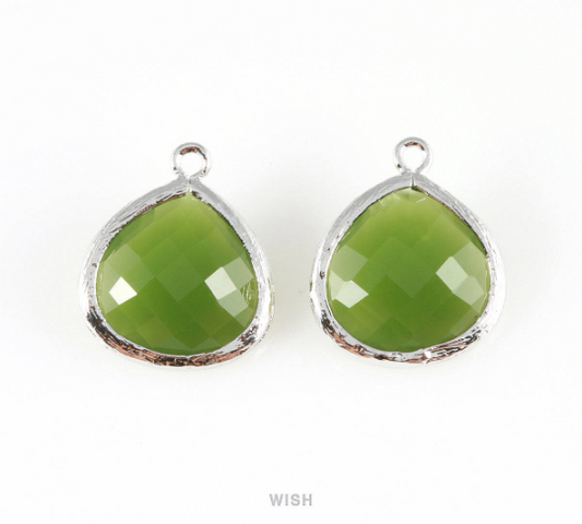 Dark Olivine Faceted Glass Charms in Rhodium, Framed Drop Glass Pendants / GDORH-001-P
