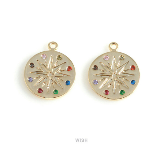 Gold Star Disc with Birthstone Pendant, Multi Color Coin Gems / MG-428-P
