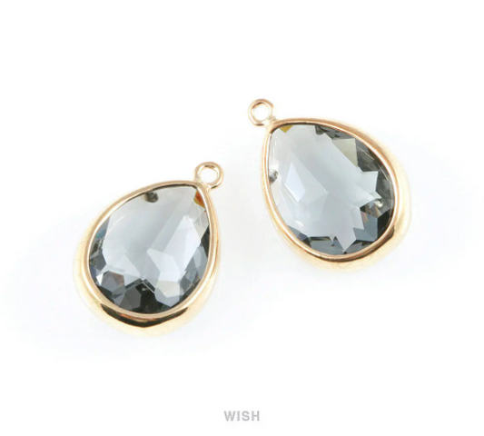Charcoal Teardrop Glass Charm in Gold, Framed Drop Glass Gem /GCCG-016-P
