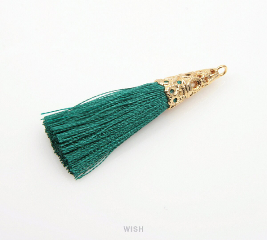 Dark Green Thread Tassel with Cone Cap in Gold /TDGG-004-T