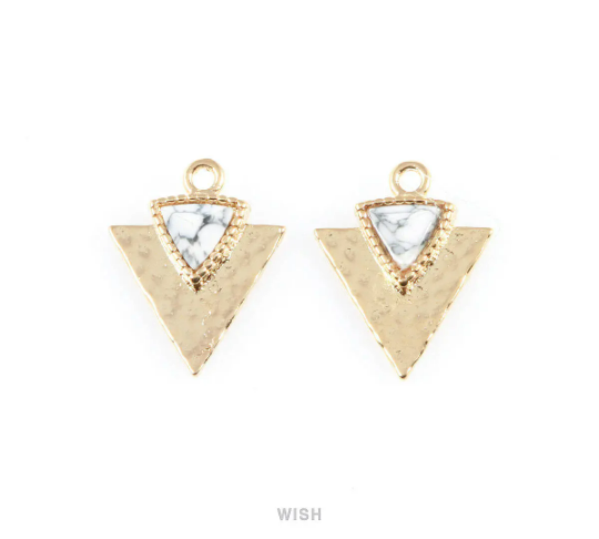 Howlite Triangle Stone Charm in Gold, Gemstone Framed Pendant  / SHTG-051-P