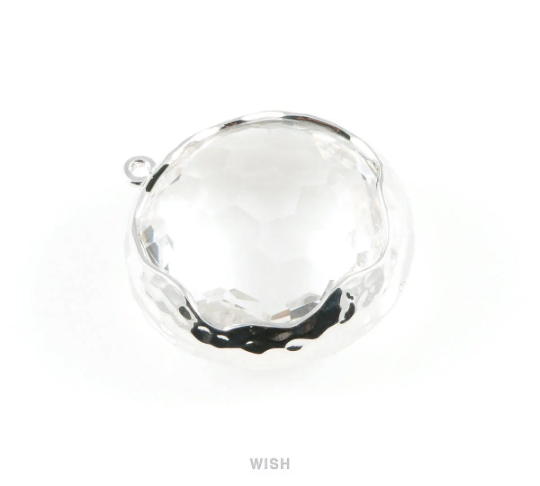 Clear Faceted Glass Charms in Rhodium, Framed Round Pendant / GCLRH-011-P