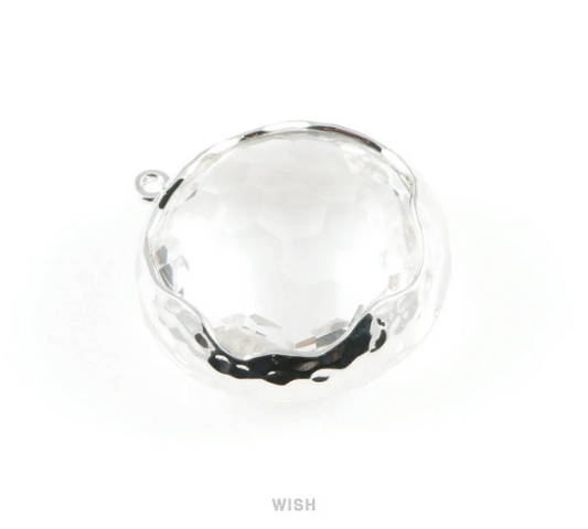 Clear Faceted Glass Charms in Rhodium, Framed Round Pendant / GCLRH-011-P