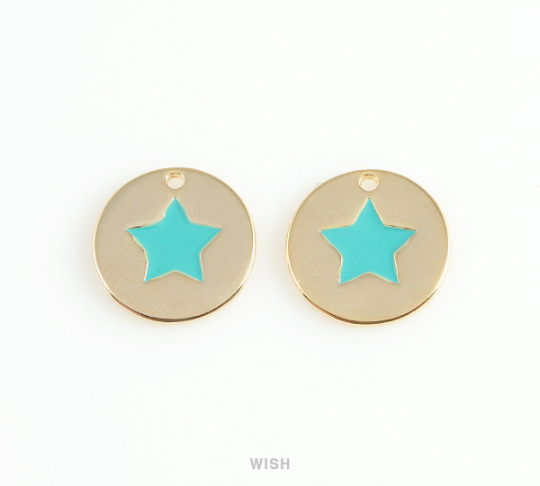 Turquoise Star Disc Pendants in Gold, Mint Star Charm / MG-406-P