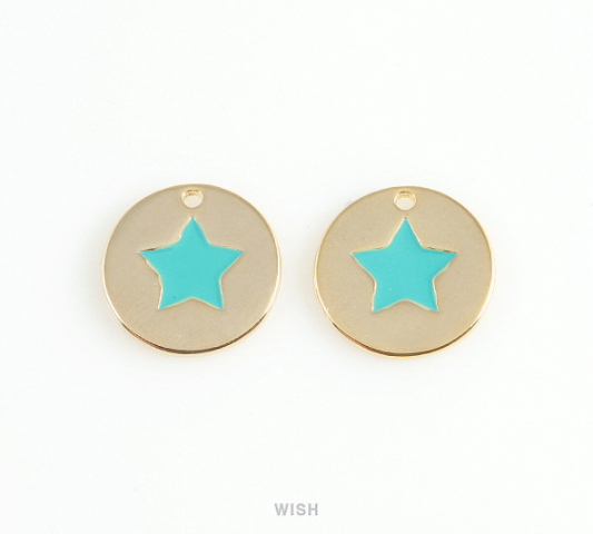 Turquoise Star Disc Pendants in Gold, Mint Star Charm / MG-406-P