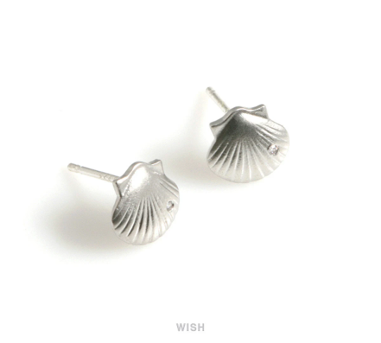 Seashell Stud Earrings in Matt Rhodium, CZ Scallop Seashell Studs / MMRH-569-E