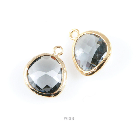 Charcoal Faceted Glass Charm in Gold, Framed Drop Glass Gem / GCCG-004-P